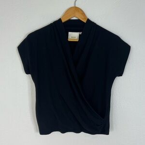 Maeve Anthropologie Wrap Top Black Short Sleeve Draped Cotton Blend Fit Size S
